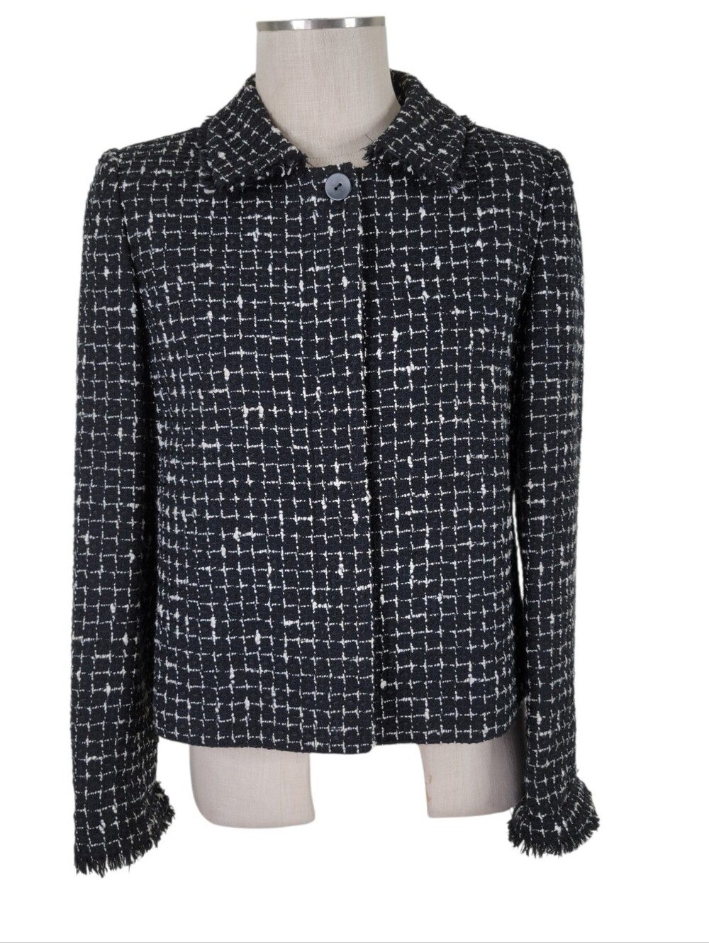 Linda Allard Ellen Tracy Tweed Skirt Suit Set Size 6 Black White Fringe Trim - Picture 3 of 11